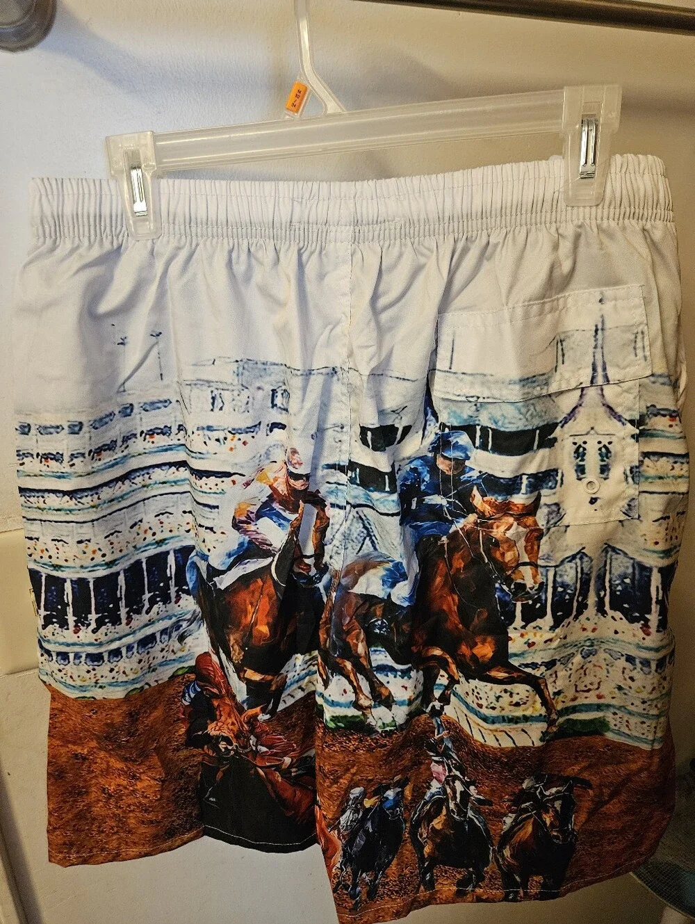 New XL Men's White Graphic Horse Racing Swim Trunks